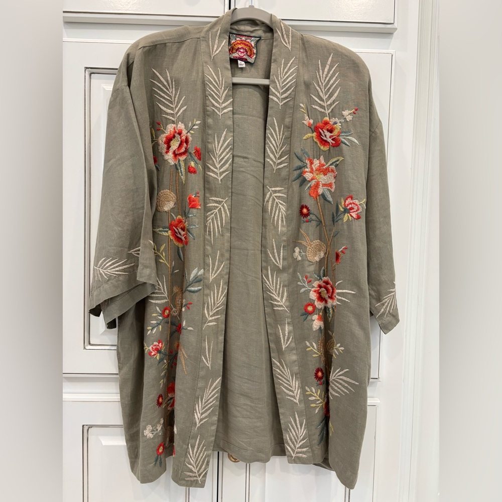 Johnny Was light olive green linen with coral/offwhite floral embroidery